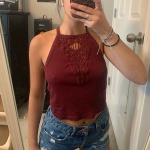 Lace cross maroon crop tank